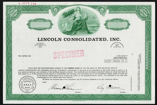 Lincoln Consolidated, Inc. Specimen Stock Certificate