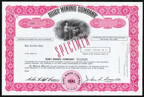 Ruby Mining Company Specimen Stock Certificate