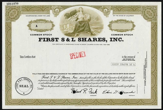 First S&L Shares, Inc. Specimen Stock Certificate
