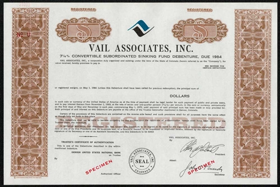 Vail Associates, Inc. Specimen Stock Certificate - Brown
