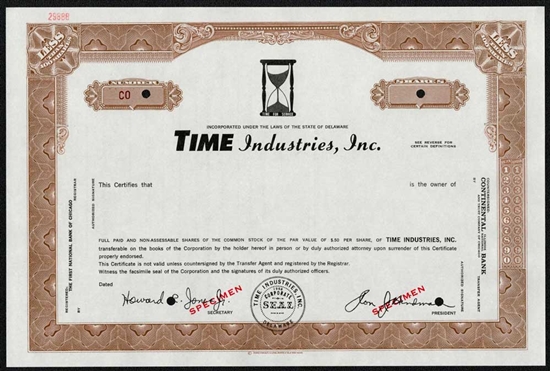 Time Industries, Inc. Specimen Stock Certificate - Brown