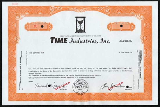 Time Industries, Inc. Specimen Stock Certificate - Orange
