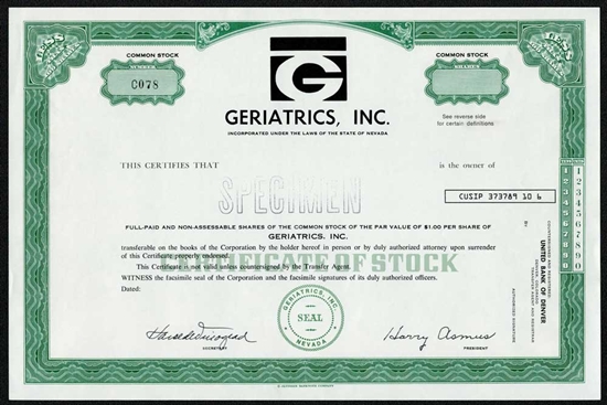 Geriatrics, Inc. Specimen Stock Certificate - Green