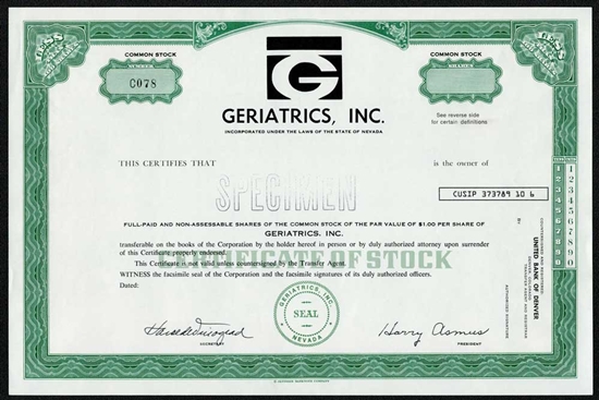 Geriatrics, Inc. Specimen Stock Certificate - Green
