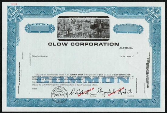 Clow Corporation Specimen Stock Certificate