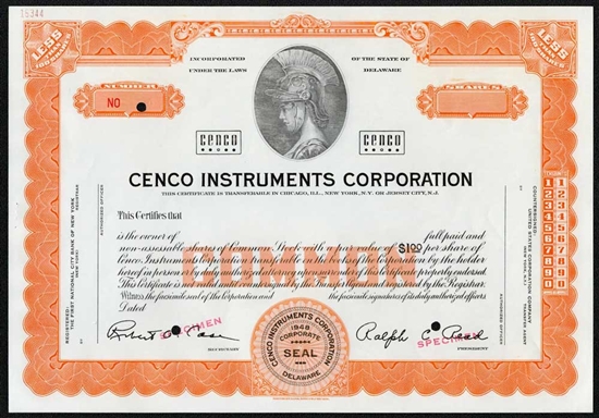 Cenco Instruments Corporation Specimen Stock Certificate