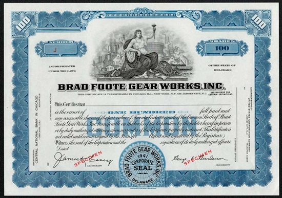 Brad Foote Gear Works, Inc. Specimen Stock Certificate