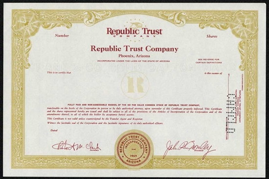 Republic Trust Company Specimen Stock Certificate