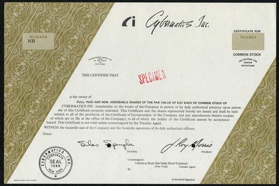 Cybermatics Inc. Specimen Stock Certificate