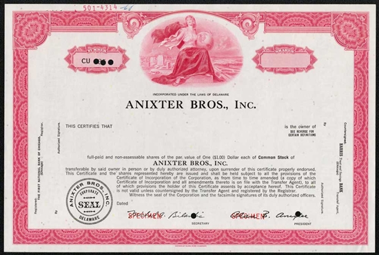 Anixter Bros., Inc. Specimen Stock Certificate