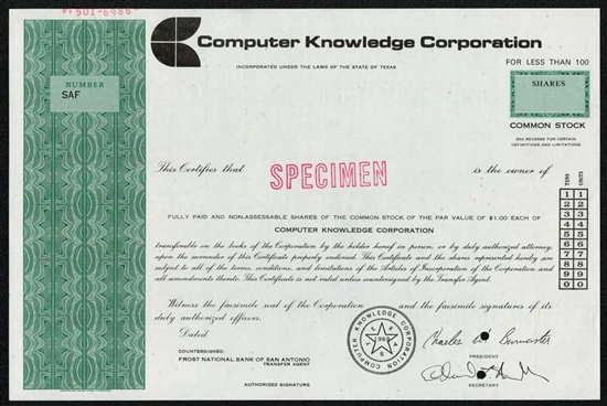 Computer Knowledge Corporation Specimen Stock Certificate - Green