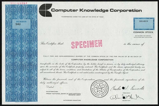 Computer Knowledge Corporation Specimen Stock Certificate - Blue