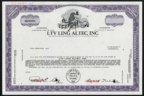 LTV Ling Altec, Inc. Specimen Stock Certificate