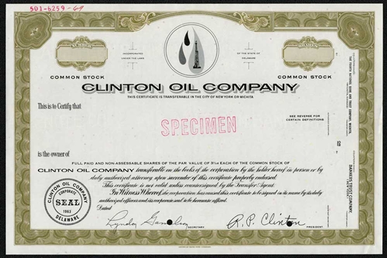 Clinton Oil Company Specimen Stock Certificate