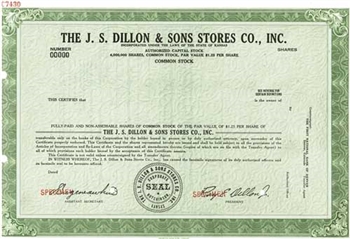 The J.S. Dillon & Sons Stores Co., Inc. Specimen Stock Certificate