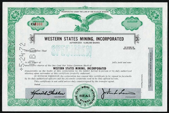 Western State Mining, Inc.  Specimen Stock Certificate - Green