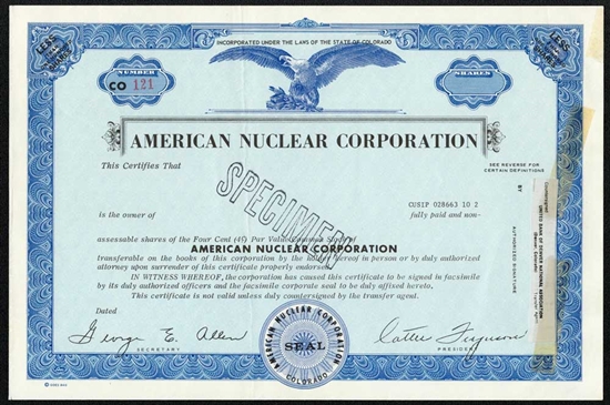 American Nuclear Corporation Specimen Stock Certificate