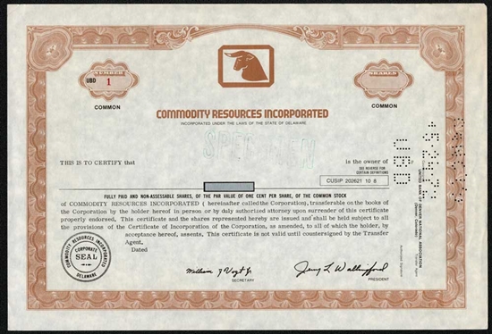 Commodity Resources Incorporated Specimen Stock Certificate