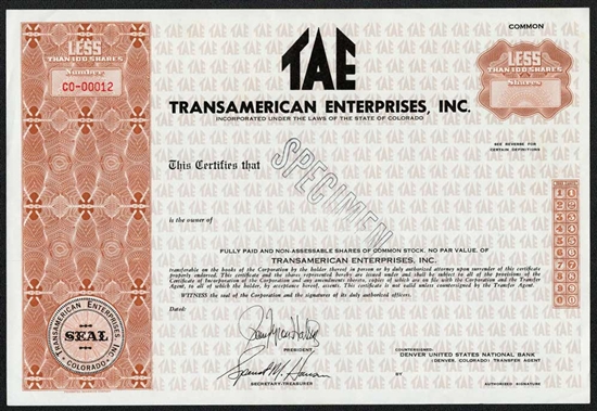 Transamerican Enterprises Specimen Stock Certificate