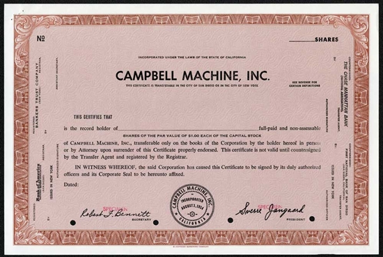 Campbell Machine, Inc. Specimen Stock Certificate