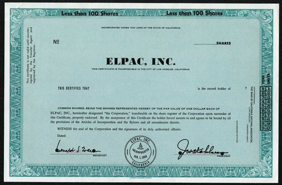 Elpac, Inc. Specimen Stock Certificate