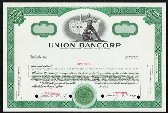 Union Bancorp Specimen Stock Certificate
