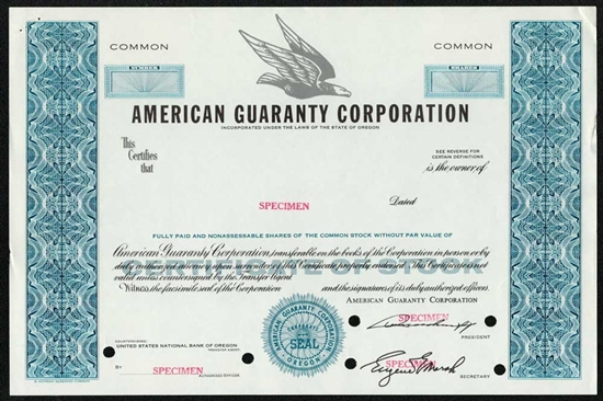 Americana Guaranty Corporation Specimen Stock Certificate