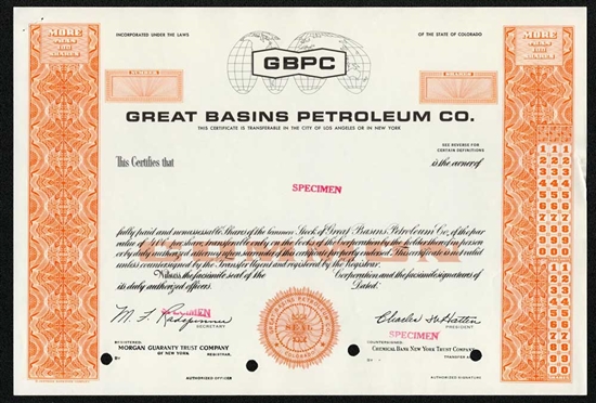 Great Basins Petroleum Co. Specimen Stock Certificate