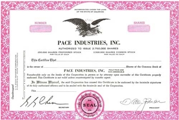 Pace Industries, Inc. Specimen Stock Certificate