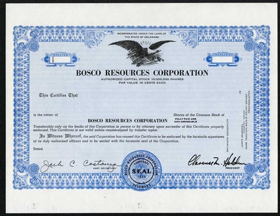 Bosco Resources Corporation Specimen Stock Certificate