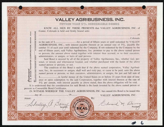 Valley Agribusiness, Inc. Specimen Stock Certificate