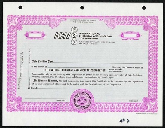 International Chemical and Nuclear Corporation Specimen Stock Certificate