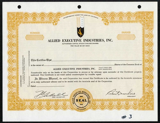 Allied Executive Industries, Inc. Specimen Stock Certificate