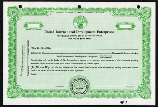 United International Development Enterprises Specimen Stock Certificate