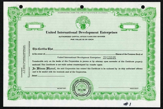 United International Development Enterprises Specimen Stock Certificate