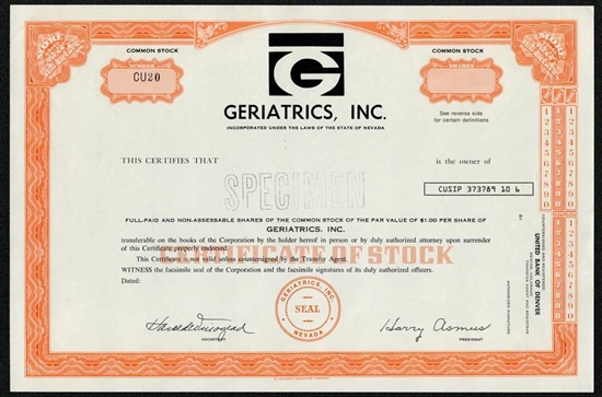 Geriatrics, Inc. Specimen Stock Certificate - Blue