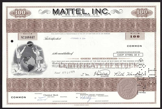 Mattel, Inc. Stock Certificate