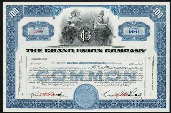 The Grand Union Company Specimen Sock Certificate