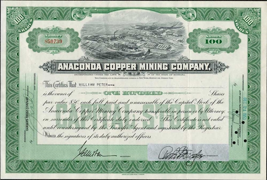The Anaconda Company Framed Stock Certificate