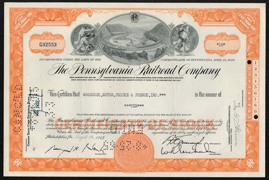 The Pennsylvania Railroad Company Stock Certificate 1960s