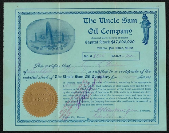 The Uncle Sam Oil Company Signed by Henry Harrison Tucker Jr. - 1907