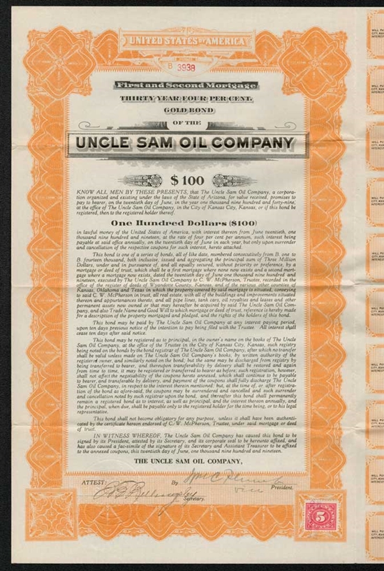 The Uncle Sam Oil Company Gold Bond - 1919