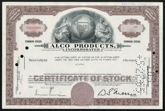 ALCO Products, Inc. Stock Certificate