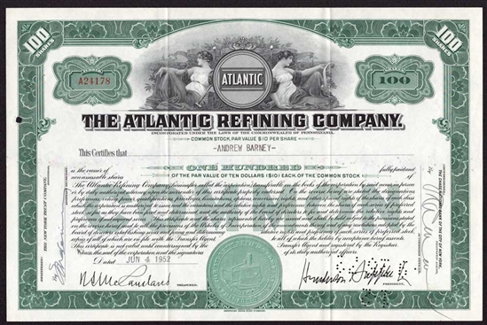 The Atlantic Refining Company Stock Certificate - Green