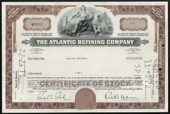 The Atlantic Refining Company Stock Certificate - Brown