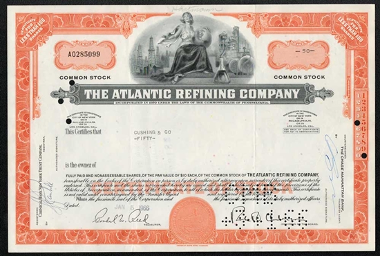 The Atlantic Refining Company Stock Certificate - Orange