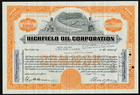 Richfield Oil Corporation Stock Certificate