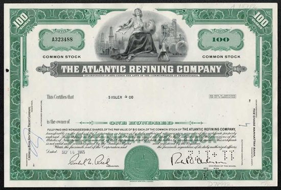 The Atlantic Refining Company Stock Certificate - Green