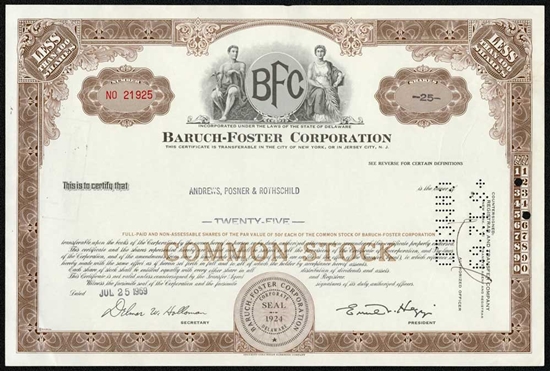 Baruch-Foster Corporation Stock Certificate