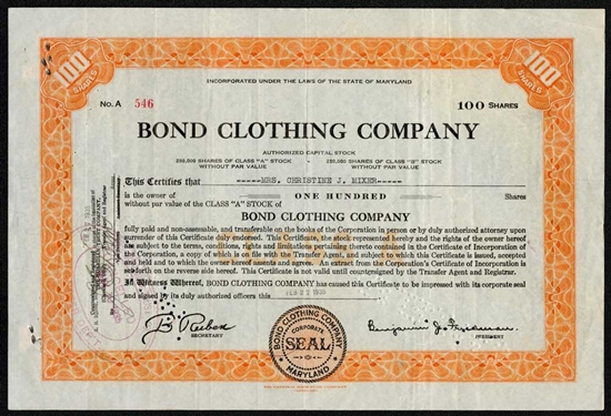 Bond Clothing Company Stock Certificate